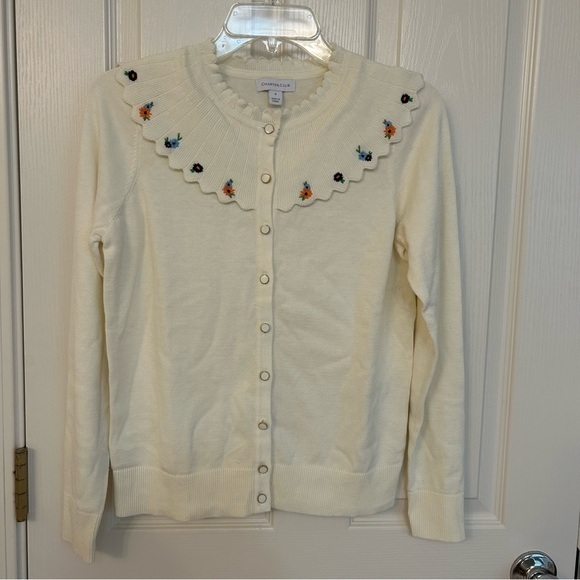 Charter Club Sweaters - Charter Club Cream Cardigan with Embroidered Collar Size S
